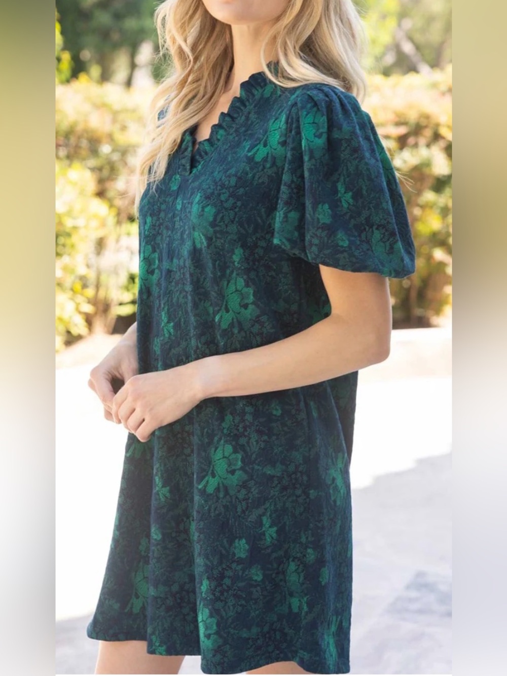 Green Floral Puff Sleeve Midi Dress